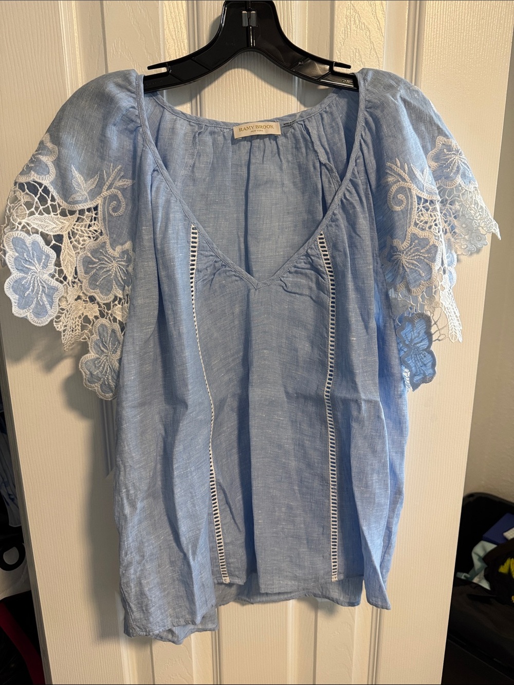 Ramy Brook Light Blue Linen-Blend V-Neck Top with White Crochet Sleeves